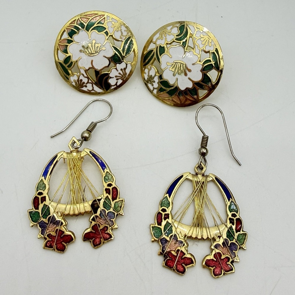 Vintage Cloisonne Earrings Enamel Gold Tone Floral Dangle Stud Set Of 2